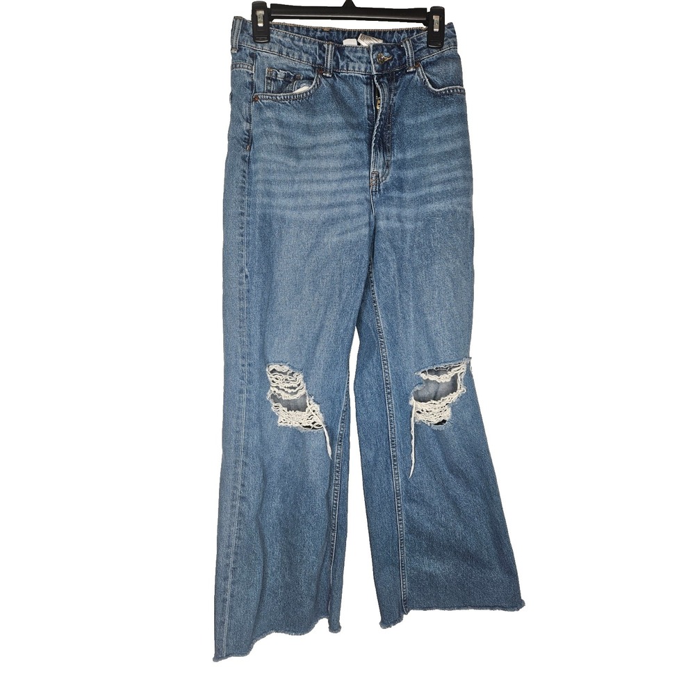 H&M Divided Distressed Straight Leg Jeans Womens 6 High Rise Raw Hem Y2K Denim